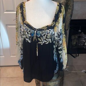 Free People Black and White Floral Blouse